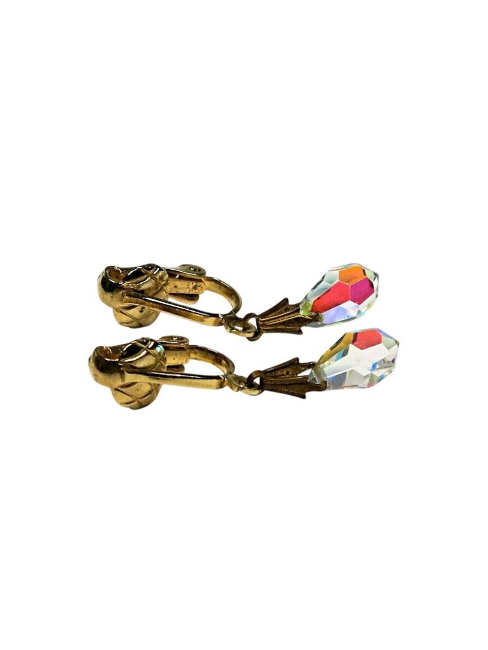 Vintage Aurora Borealis Teardrop Clip-On Earrings – Rhinestone Dangle, Gold Tone - Picture 3 of 4